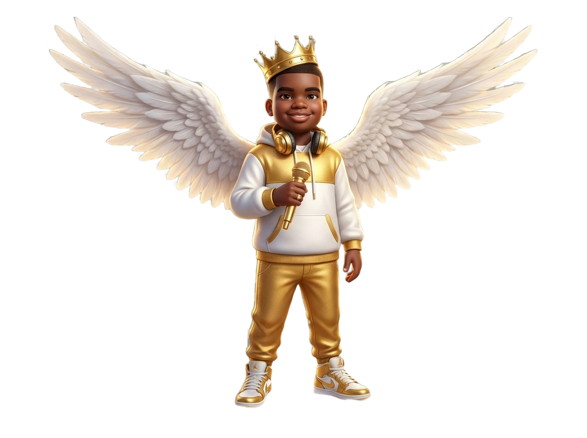 Jeremiah Marcellus King Wilson as HAEVEMETAL — crowned and winged, standing on the clouds with a microphone and headphones